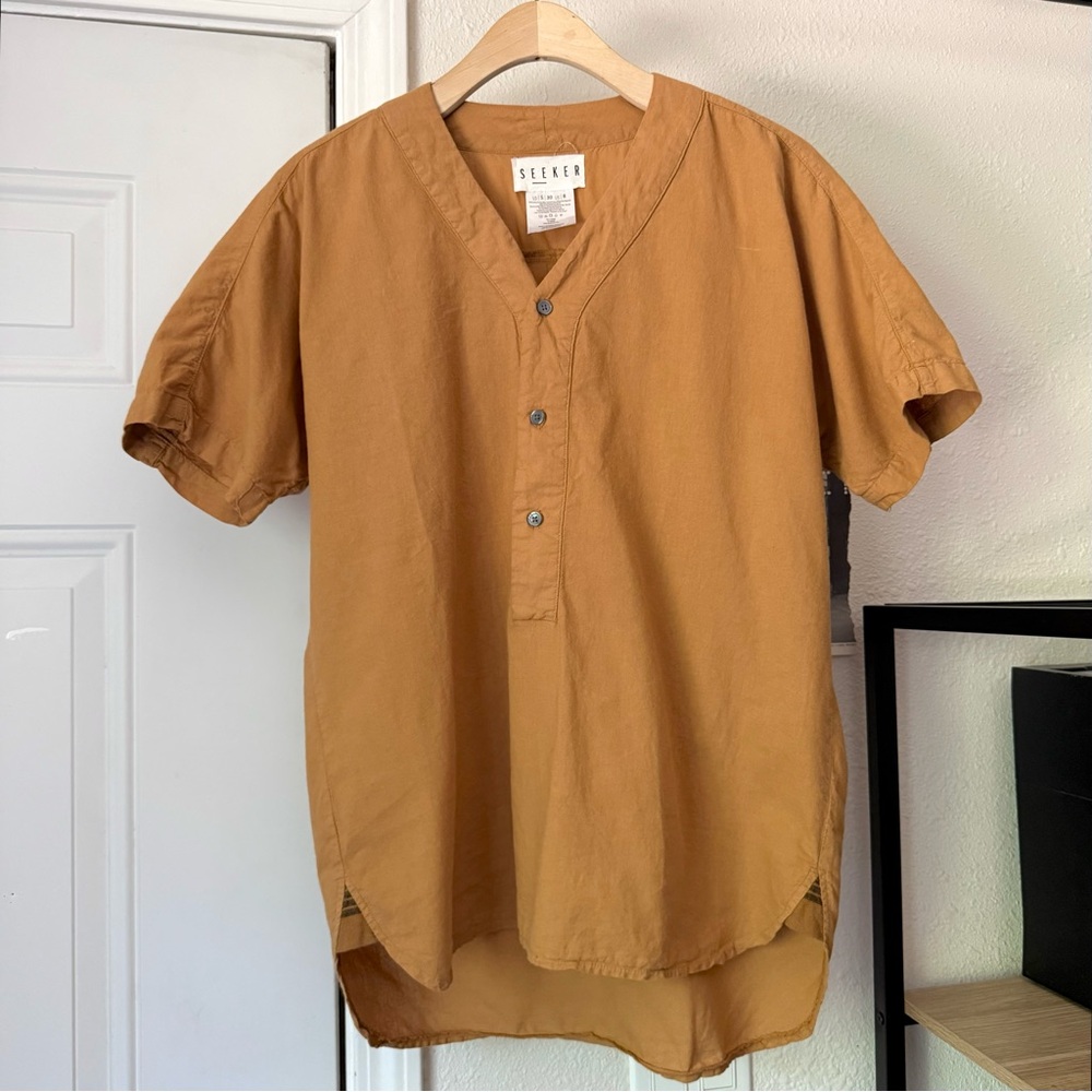 SEEKER mustard cotton hemp polo short sleeve shirt